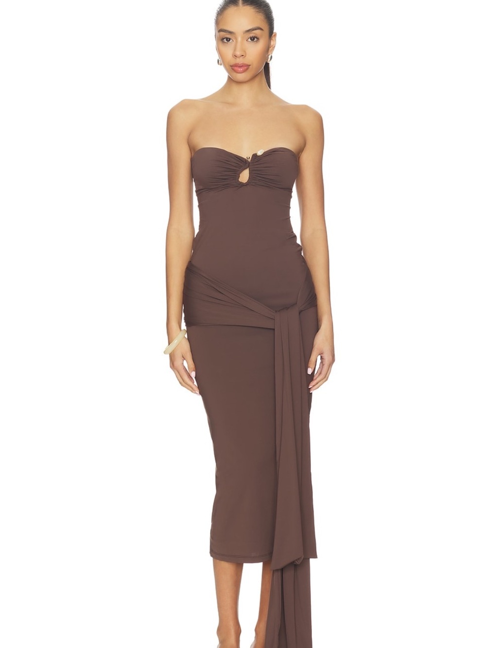 Bardot Strapless Brown Midi Dress with Tie Detail